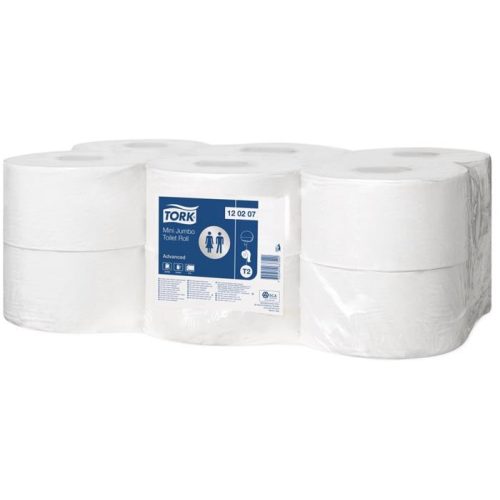 Toalettpapír, T2 rendszer, 2 rétegű, 19, 5 cm átmérő, Advanced "Mini Jumbo", fehér
