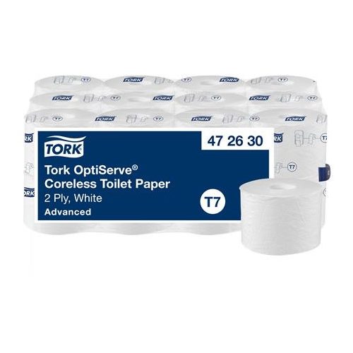 Toalettpapír, belsőmag nélküli, T7 rendszer, 2 rétegű, 13,1 cm átmérő, Advanced, TORK "OptiServe", fehér