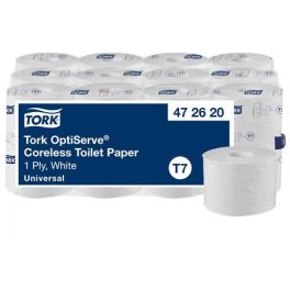  Toalettpapír, belsőmag nélküli, T7 rendszer, 1 rétegű, 13,1 cm átmérő, Universal, TORK "OptiServe", fehér