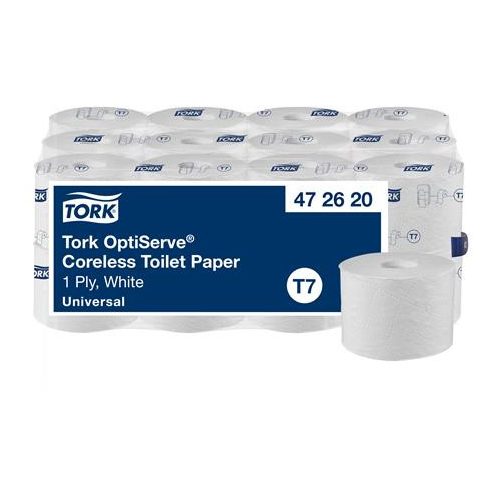 Toalettpapír, belsőmag nélküli, T7 rendszer, 1 rétegű, 13,1 cm átmérő, Universal, TORK "OptiServe", fehér