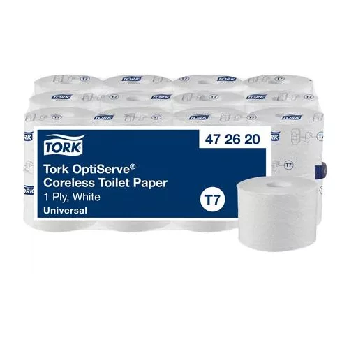 Toalettpapír, belsőmag nélküli, T7 rendszer, 1 rétegű, 13,1 cm átmérő, Universal, TORK "OptiServe", fehér