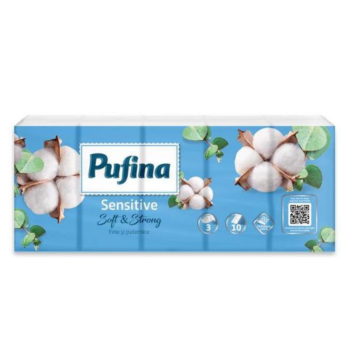 Papír zsebkendő, 3 rétegű, 10x10 db, PUFINA "Sensitive"