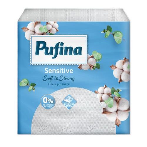 Szalvéta, 1/4 hajtogatott, 1 rétegű, 24x24 cm, 90 db, PUFINA "Sensitive"