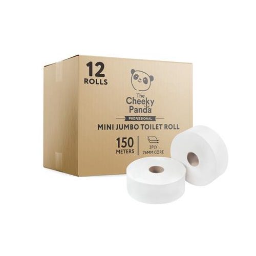 Toalettpapír, bambusz, 2 rétegű, nagytekercses, 18 cm átmérő, 150 m, 12 tekercs, CHEEKY PANDA, fehér