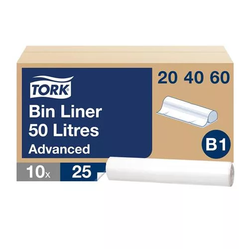 Hulladékgyűjtő zsák, 50 l, B1 rendszer, 10 x 25 db, TORK, átlátszó