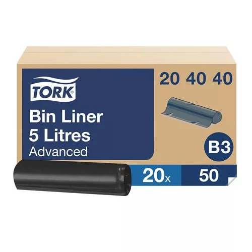 Hulladékgyűjtő zsák, 5 l, B3 rendszer, 20 x 50 db, TORK, fekete