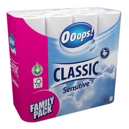 Toalettpapír, 3 rétegű, kistekercses, 32 tekercs, OOOPS "Classic", sensitive