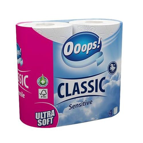 Toalettpapír, 3 rétegű, kistekercses, 4 tekercs, OOOPS "Classic", sensitive