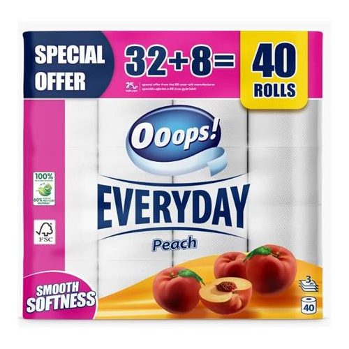 Toalettpapír, 3 rétegű, kistekercses, 32+8 tekercs, OOOPS "Everyday", barack