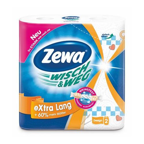 Háztartási papírtörlő, 2 rétegű, 2 tekercses, ZEWA "Wisch&Weg extra lang"