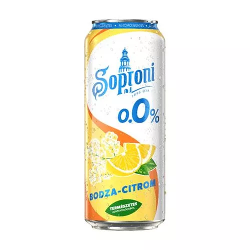 Alkoholmentes sör, 0,5 l, dobozos, SOPRONI "0.0%", bodza-citrom