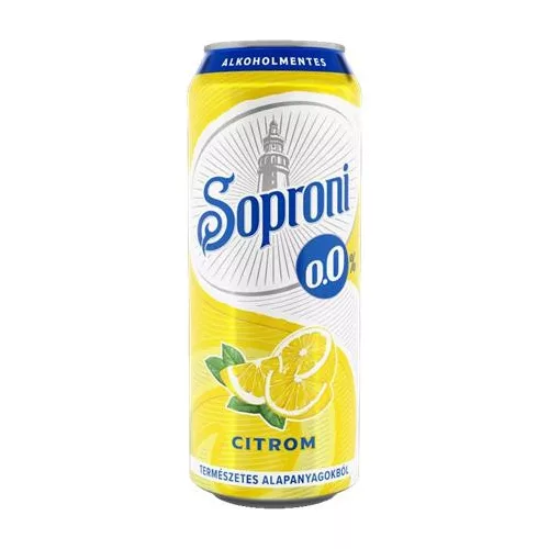 Alkoholmentes sör, 0,5 l, dobozos, SOPRONI "0.0%", citrom