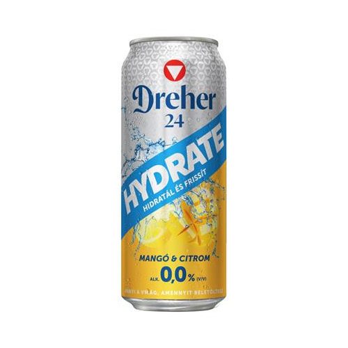 Alkoholmentes sör, 0,5 l, dobozos, DREHER "24 Hydrate", mangó-citrom