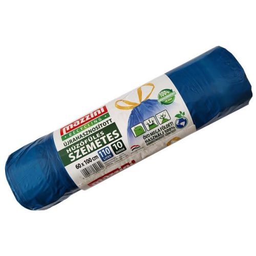 Szemeteszsák, újrahasznosított húzófüles, 110 l, 10 db, 60x100 cm, 28 µ, MAZZINI, kék