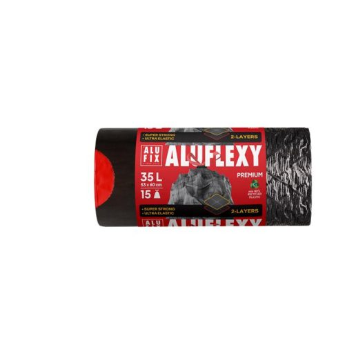 Szemeteszsák, zárószalagos, 35 l, 15 db, 53x60 cm, 28 µ, ALUFIX "Aluflexy", fekete