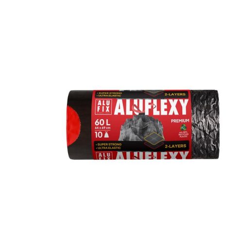 Szemeteszsák, zárószalagos, 60 l, 10 db, 64x69 cm, 33 µ, ALUFIX "Aluflexy", fekete