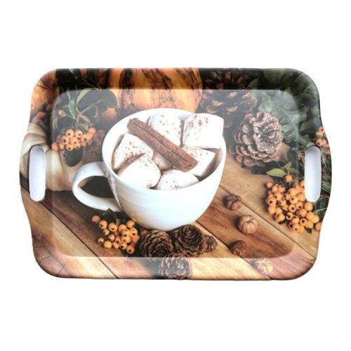 Tálca, szögletes, műanyag, kávéház mintás, 35,5x25,5 cm