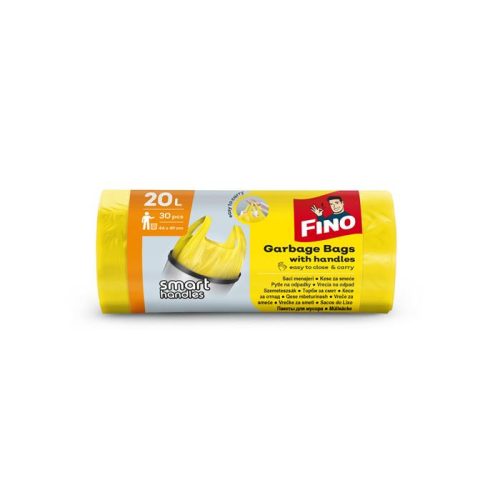 Szemeteszsák, köthető füles, 20 l, 30 db, 44x49 cm, 7 µ, FINO "Smart handles", sárga