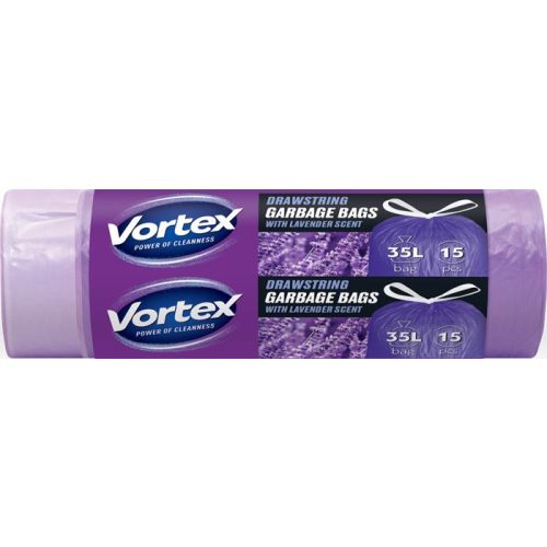 Szemeteszsák, zárószalagos, 35 l, 15 db, 50x60 cm, HDPE, 15 µ, VORTEX, levendula illattal