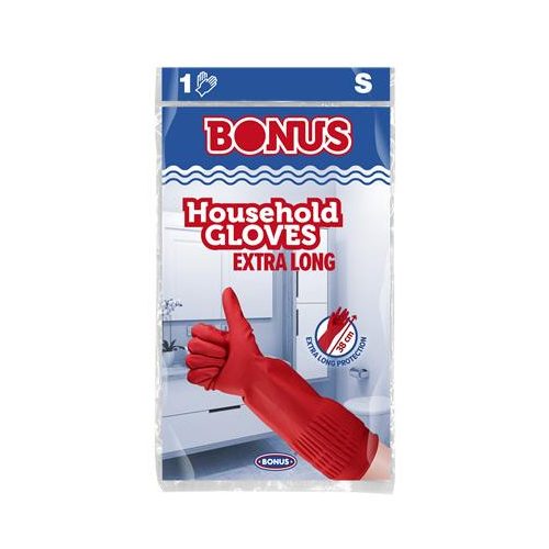 Gumikesztyű, háztartási, latex, extra hosszú, 38 cm, S méret, BONUS, piros