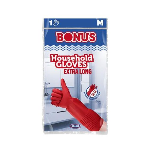 Gumikesztyű, háztartási, latex, extra hosszú, 38 cm, M méret, BONUS, piros