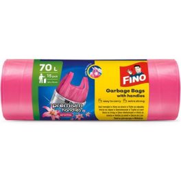   Szemeteszsák, köthető füles, illatosított, 70 l, 15 db, 62x73 cm, 16 µ, FINO "Premium handles", rózsaszín