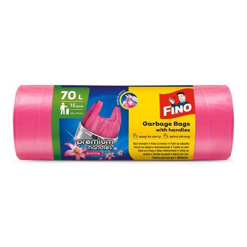Szemeteszsák, köthető füles, illatosított, 70 l, 15 db, 62x73 cm, 16 µ, FINO "Premium handles", rózsaszín