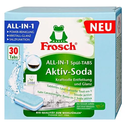 Mosogatógép tabletta, 30 db, FROSCH "All-in-1", aktív szóda