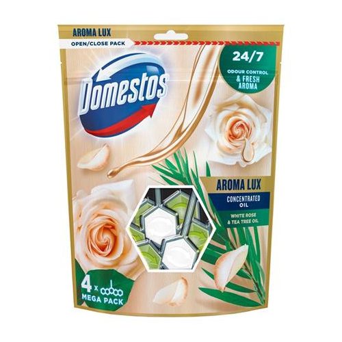 WC frissítő blokk, 4 db-os, DOMESTOS "Aroma Lux", fehér rózsabimbó és teafa olaj