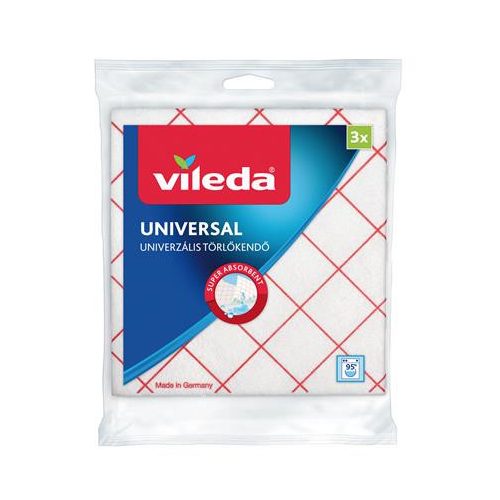 Törlőkendő, 34x36 cm, 3 db, VILEDA "Universal", fehér-piros
