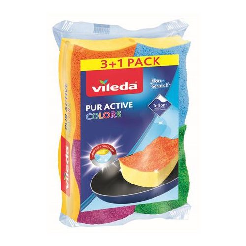 Mosogatószivacs, 3+1 db, VILEDA "Pur Active Colors "
