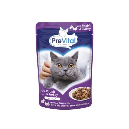 Macskaeledel, alutasakos, felnőtt macskáknak, 100 g, PREVITAL, nyúl és pulyka aszpikban