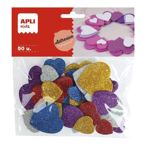Moosgumi, öntapadó, glitteres, szívek, APLI Kids "Eva Sheets", vegyes színek
