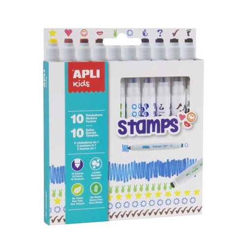 Filctoll készlet, nyomda, APLI Kids "Markers Duo Stamps", 10 különböző szín és minta