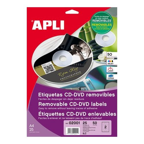 Etikett, CD/DVD, A4, matt, eltávolítható, APLI