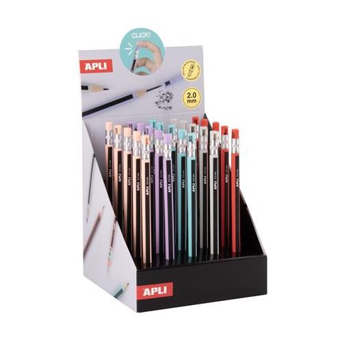 Töltőceruza display, mechanikus, 2 mm, hegyezővel, ceruzahatású, APLI, vegyes színekben, 25 db