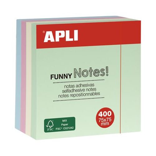 Öntapadó jegyzettömb, 75x75 mm, 400 lap, APLI "Funny", pasztell