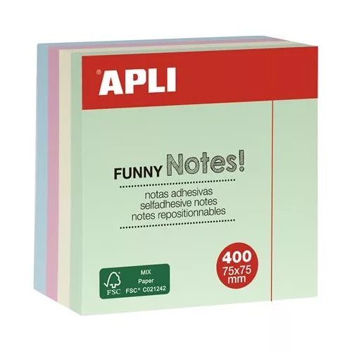 Öntapadó jegyzettömb, 75x75 mm, 400 lap, APLI "Funny", pasztell