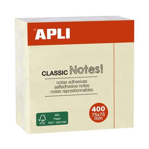 Öntapadó jegyzettömb, 75x75 mm, 400 lap, APLI "Classic", sárga