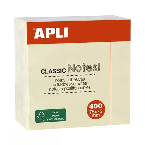 Öntapadó jegyzettömb, 75x75 mm, 400 lap, APLI "Classic", sárga