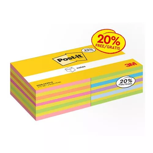 Öntapadó jegyzettömb, 76x76 mm, 2x450 lap, 3M POSTIT,  vegyes színek