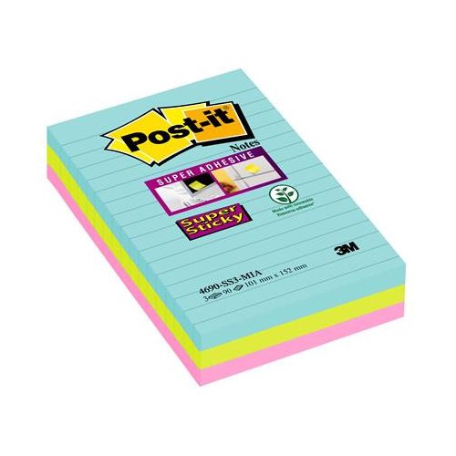 Öntapadó jegyzettömb, vonalas, 3x90 lap, 101x152 mm, 3M POSTIT "Super Sticky Cosmic", vegyes színek