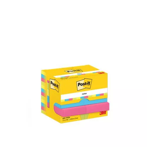 Öntapadó jegyzettömb, 38x51 mm, 12x100 lap, 3M POSTIT "Energetic", vegyes színek