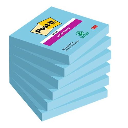 Öntapadó jegyzettömb, 76x76 mm, 6x90 lap, 3M POSTIT "Super Sticky", kék