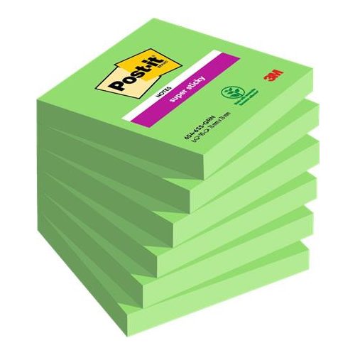 Öntapadó jegyzettömb, 76x76 mm, 6x90 lap, 3M POSTIT "Super Sticky", zöld