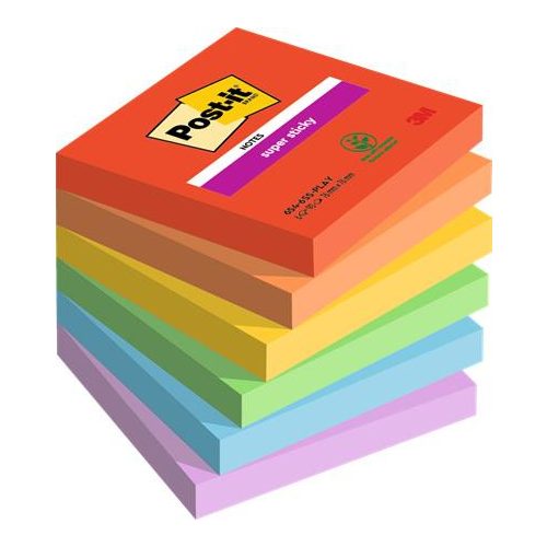 Öntapadó jegyzettömb, 76x76 mm, 6x90 lap, 3M POSTIT "Super Sticky Playful", vegyes színek