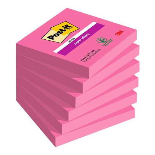 Öntapadó jegyzettömb, 76x76 mm, 6x90 lap, 3M POSTIT "Super Sticky", pink