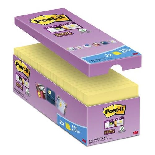 Öntapadó jegyzettömb csomag, 76x76 mm, 16x90 lap, 3M POSTIT "Super Sticky", kanárisárga