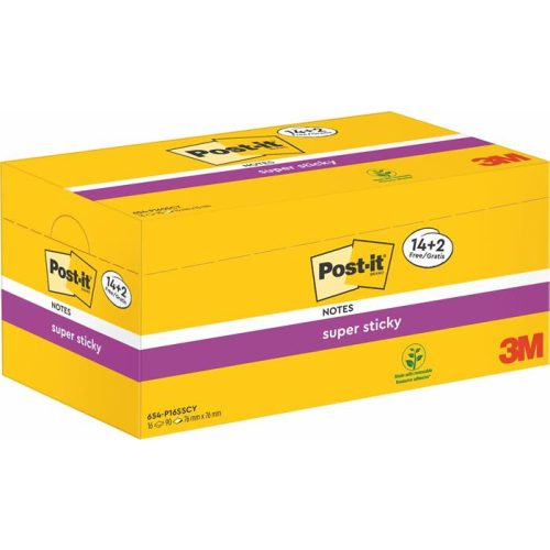 Öntapadó jegyzettömb csomag, 76x76 mm, 16x90 lap, 3M POSTIT "Super Sticky", kanárisárga