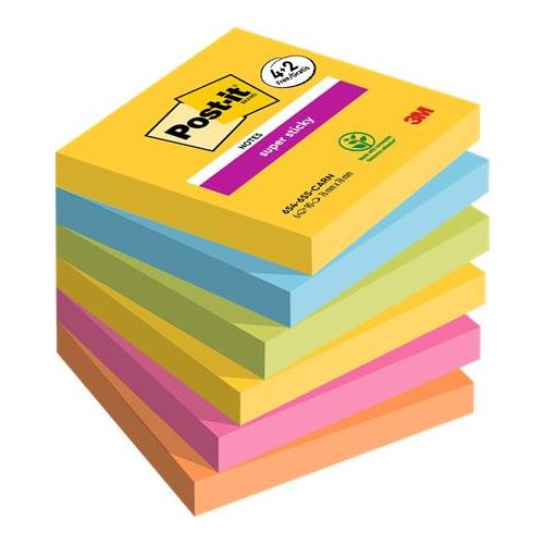 Öntapadó jegyzettömb, 76x76 mm, 6x90 lap, 3M POSTIT "Super Sticky", "Carnival", vegyes színek